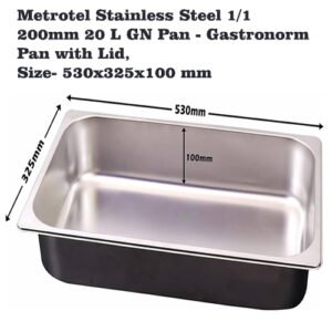 Metrotel Stainless Steel 1/1 100mm 20 L GN Pan – Gastronorm Pan with Lid, Cooking, and Storage with Anti-Jam Design, NSF Certified Pan for at-Home & Commercial Kitchens | Kitchen Supplies
